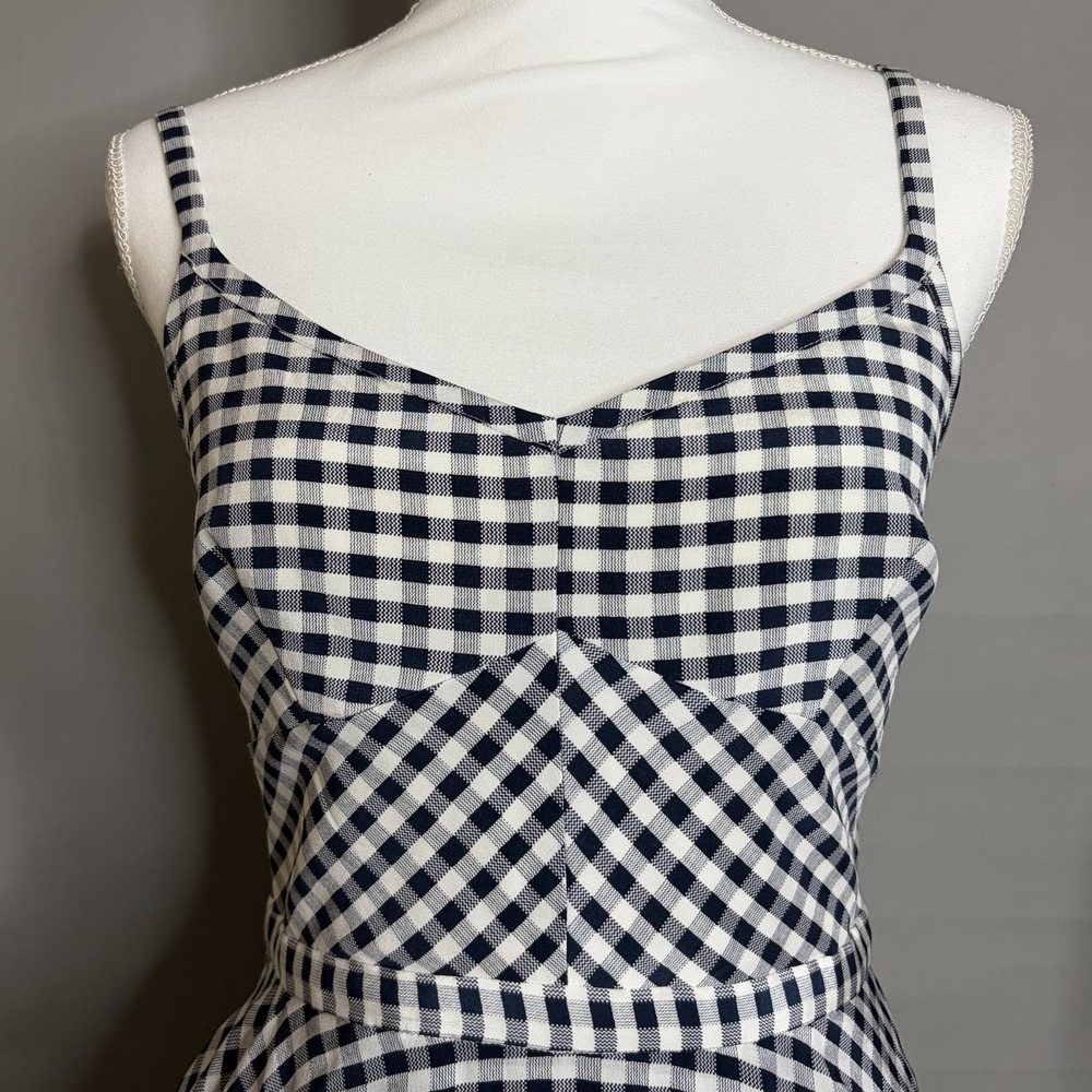 J Crew Silk Gingham Dress 10 Navy White Check Ruffle Tiered Midi Sundress - Picture 6 of 9